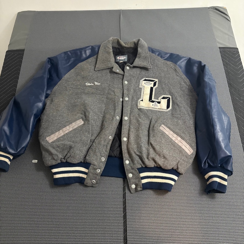 NEFF Mens Gray Navy Varsity Letterman Jacket 4XL Football Patch Chris Nix